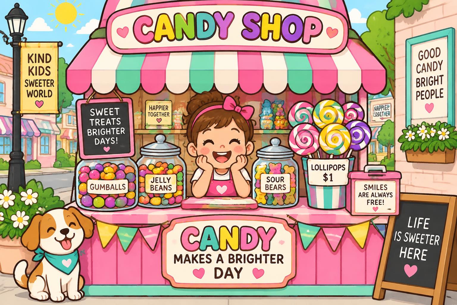 A cartoon candy shop stand with jars of candy and a smiling young shopkeeper